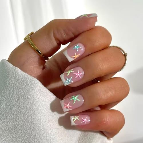 Sommerliche künstliche Fingernägel mit Seesternmuster, kurze, quadratische Designs, bunte Seesterne, weißes French-Design, Ozean-Optik, 24 Stück – ideal für Frauen und Mädchen zur DIY-Maniküre