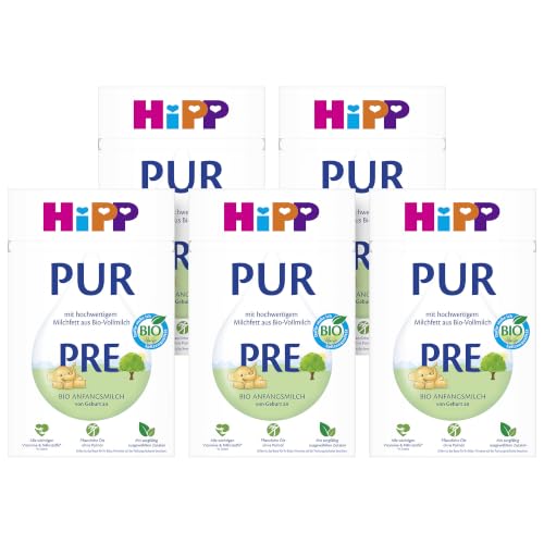 HiPP PRE PUR Anfangsmilch (5 x 500g), von Geburt an, mit hochwertigem Milchfett aus Bio-Vollmilch, ohne Palmöl, nur Lactose, mit wichtigen Vitaminen & Nährstoffen, vollmundig im Geschmack