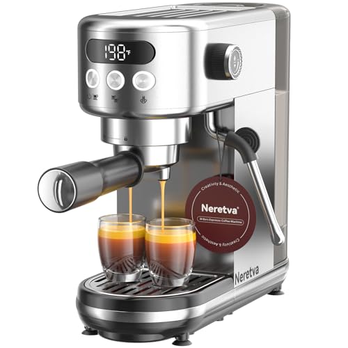 Neretva Siebträgermaschine, 20 Bar Klein Espressomaschine Edelstahl Professionelle Siebträger Kaffeemaschine mit LED-Anzeige & Starker Milchschäumer für Barista, Espresso, Latte und Cappuccino