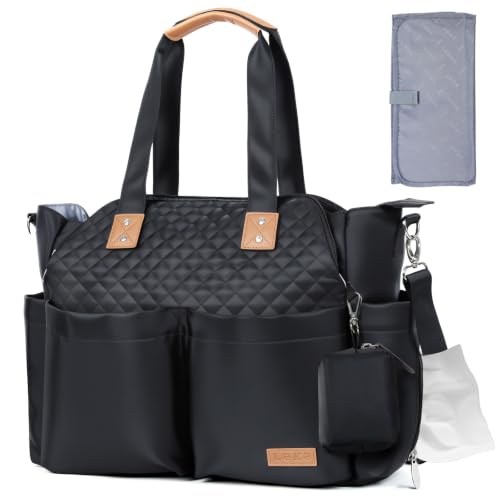 Lekebaby Baby Wickeltasche Bote groß mit Wickelunterlage für Reise, 19 Taschen, Diaper Bag Reisewindeltasche für Mama und Papa, Multifunktions Babytasche, Schwarz Gesteppt