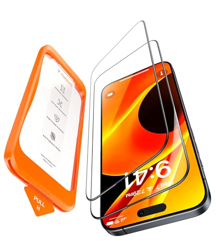 TORRAS Full Screen für iPhone 15 Pro für Panzerglas TOP Bruchsicherheit Schutzglas iPhone 15 Pro Schutzfolie 9H+ Folie [Auto-Installation] Anti-Fingerabdruck, 2 Stück