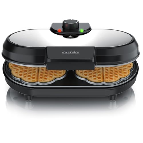 Arendo - Waffeleisen doppelt - Herzform – 1000 Watt – Waffel Maker – antihaftbeschichtet – Herzwaffeln – Temperaturregler - Waffelbackgerät