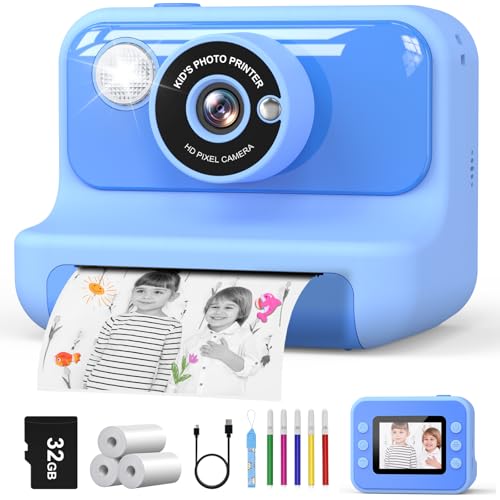 Hangrui Sofortbildkamera Kinder, 2,4 Zoll Kinderkamera Sofortbildkamera mit 32G Karte & Druckpapier, 1080P Kamera Kinder Sofortdruck mit Farbige Stifte, Geschenk für Kinders 3-12 Jahren-Blau