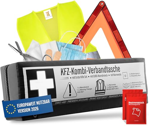 KFZ Kombitasche (3 in 1) nach aktueller Norm 2026 - Inkl. Warndreieck, Warnweste - Verbandskasten Warndreieck Set Verbandskasten Auto DIN 13164:2022 (StVO konform)