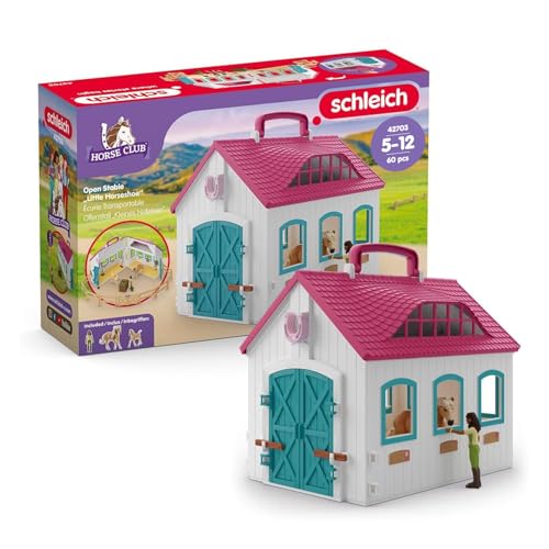 SCHLEICH Horse Club | Offenstall Kleines Hufeisen 42703 | Set inkl. Stall, 2 Pferde, bewegliche Mädchenfigur & Zubehör | tolles Geschenk für Mädchen und Jungen | Spielzeug ab 5 Jahren | 60 Teile