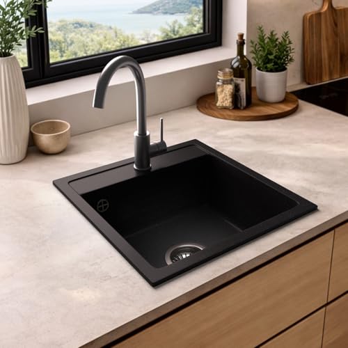TOP: LINDBERGH® 44x44 Granit Spüle + kompl. Siphon, Einbauspüle Küchenspüle Spülbecken - Verbundstoffe MADE IN GERMANY (1. Spüle LUX11 Schwarz)