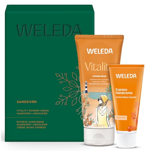 WELEDA Bio Weihnachts-Geschenkset Sanddorn 2025 - Naturkosmetik Winter XMAS Geschenk Set bestehend Duschgel & Handcreme - Unisex Körperpflege / Handpflege Set zu Weihnachten