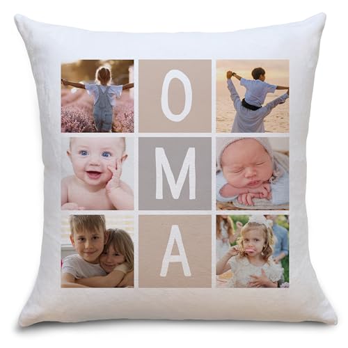 OWLBOOK® Personalisiertes Foto Kissen mit 6 Fotos selbst gestalten Oma Geschenke | Personalisierte Geschenke für Oma | Fotokissen Polster 40x40 cm zzgl. Füllung