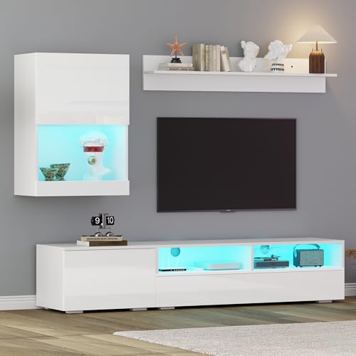 BTM 175 * 39 * 34cm TV Wohnwand-Set mit Vitrine (Komplett-Set, 3-St),Mediawand inkl, Standregal und Wandregal, mit LED und Hochglanz,TV-Schrank,stehend&hängend, Weiß