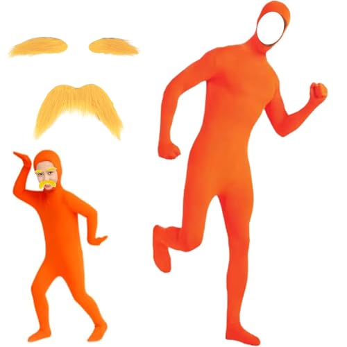 ELYIQI Orange Karneval Kostüm, Orange Ganzkörper Kostüm, Ideal für Halloween, Karneval und Cosplay, Inklusive Augenbrauen und Bart