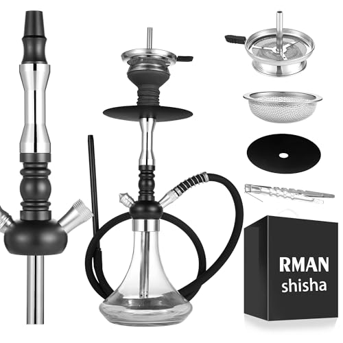 RMAN Shisha Set, Hookah Edelstahl Shisha Wasserpfeife mit Steinkopfset Silikonschlauch 18/8 Schliff Edelstahl Tauchrohr Kohlezange Silber