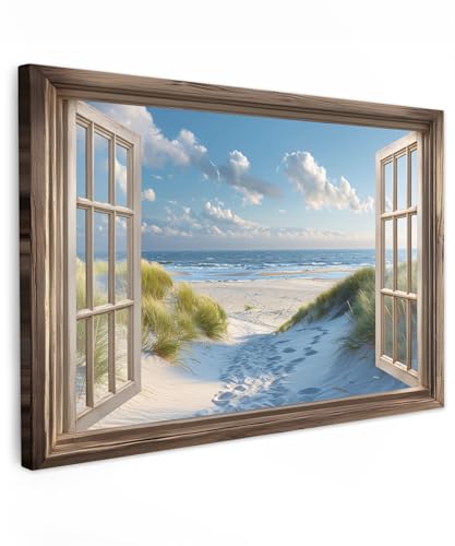 MuchoWow© Leinwand Groß 120x80 cm XXL Deko Schlafzimmer Aesthetic Leinwandbilder Wohnzimmer Gemälde Foto Geschenk Living Room Decoration Doorkijk - Strand - Raam - Duinen - Zee