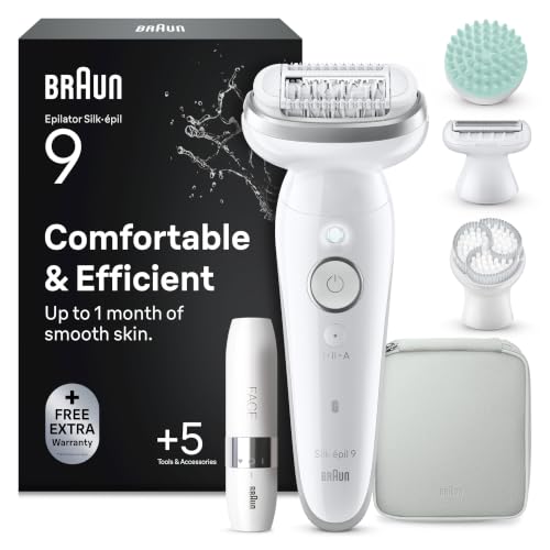 Braun Silk-épil 9 SkinSpa Epilierer Damen, All-in-One Set, Haarentferner für Langanhaltende Haarentfernung, Ladyshaver, Wasserdicht — Inkl. Facespa Gesichtshaarentferner — 9-381, Weiß/Silber