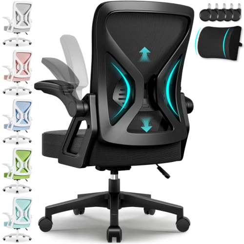 Airchros Bürostuhl Ergonomisch,Schreibtischstuhl mit Hochklappbaren Armlehnen, Einstellbarer Lendenstütze, Wippfunktion bis 125°, Höhenverstellbar, Netzstuhl, Schwarz
