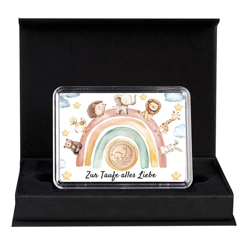 Goldstücke24 Gold Taufgeschenk in Geschenkbox – Goldbarren oder Krügerrand Goldmünze – Motivbox „Zur Taufe alles Liebe“ mit Grußkarte – fertiges Geschenkset (3,11g Goldmünze)