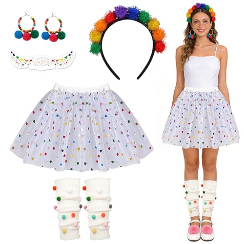 ZXTGBQ 7PCS Konfetti Kostüm Damen Set, Karneval Kostüm Damen mit Tüllrocks, Tüllrock, Haarreif Mit Pompoms Bunt, Aufkleber, Pompon Ohrringe, Konfetti im Herzen Tüllrock Fasching Karneval Kostüm Set