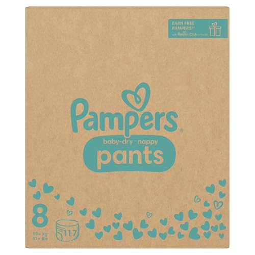 Pampers Baby Trockenwindeln, Größe 8 (19 kg Plus), 117 Windeln, monatliche Sparpackung, Stopper- und Schutzbeutel für Auslaufschutz
