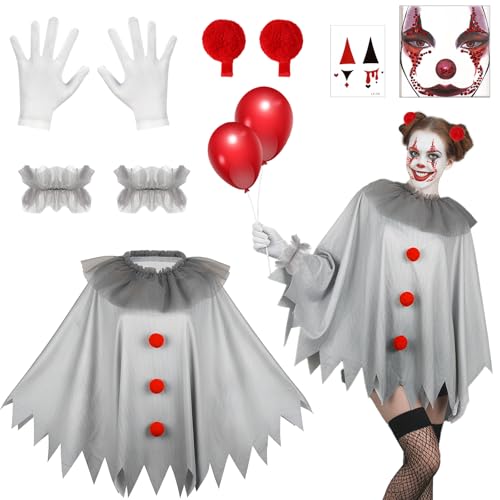 Beipegin Horror Clown Kostüm Damen,Poncho Clown Kragen Handschuhe Roter Luftballon Terrifier Joker Kostüm für Halloween Karneval Cosplay