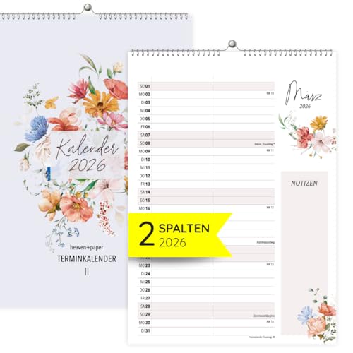 heaven+paper Paarplaner 2 Spalten Wildblumen natur - Kalender für zwei 2026 mit Feiertagen, Schulferien, Wandkalender 2026 Paarkalender (Wildflower, 2 Spalten)