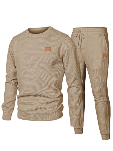 JMIERR Herren Jogginganzug Set 2-Teiliger Sweatshirt Trainingsanzug Casual Sportanzug Herren Sweatshirts und Jogginghose Tracksuit sets mit Strukturmuster,Khaki L
