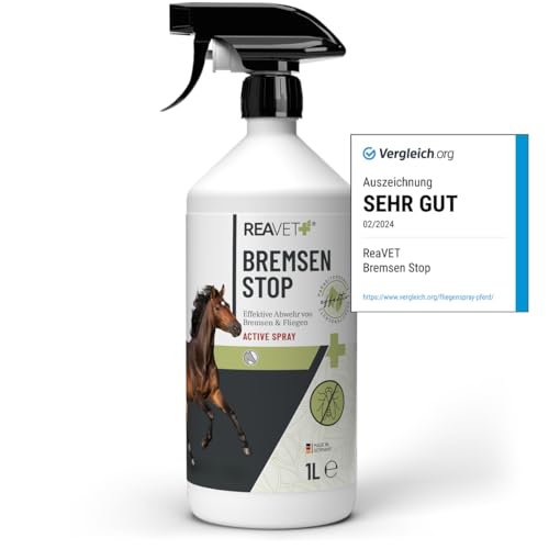 TESTURTEIL SEHR GUT ReaVET Bremsen Stop **TESTSIEGER** Fliegenspray Pferde 1L mit pflegender AloeVera, Insektenspray mit Sofortschutz & Pferdepflege, Bremsenspray Bremsenblocker gegen Fliegen