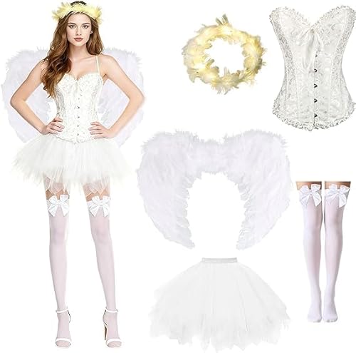 Taechalingo Engel Kostüm,5 Stück Engelsflügel mit Heiligenschein,Engel Teufel Kostüm Damen,Engel und Teufel Flügel Kostüm,Engel und Teufel Flügel Kostüm,für Halloween Kleidung Karneval Party Cosplay