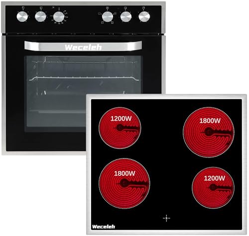 Weceleh Herd mit Keramikkochfeld & Backofen, Einbauherd Herdsets, Einbauherd Elektroherd, Backofen mit Herdplatte, Edelstahlrahmen, 60 cm, 63 Liter