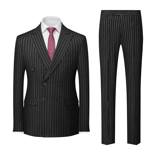 MOGU Herren Zweireihiger Nadelstreifen-Anzug, 2-teilig, schmale Passform, Smoking, formelle Jacke und Hose für Business, Hochzeit, Abschlussball, Schwarz, M