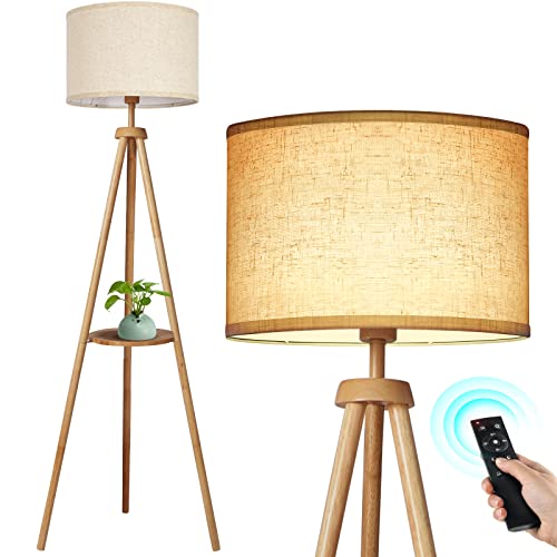 OUTON LED Stehlampe Dimmbar Dreibein Holz mit Regal, Fernbedienung, 4 Farbtemperatur, 1 Stunde Timerfunktion, Stativ Stehleuchte mit Beige Lampenschirm für Wohnzimmer, Schlafzimmer, Büro (Holz)