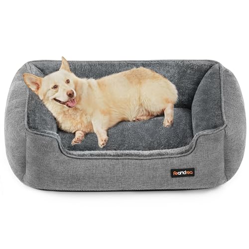 Feandrea Hundebett, Hundekissen in Leinenoptik, Hundekorb, erhöhte Ränder, rutschfeste Unterseite, Bezug abnehmbar waschbar, L, für mittelgroße Hunde, 90 x 75 x 25 cm, hellgrau PGW11GG