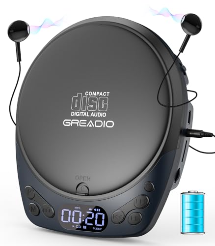 Greadio CD Player Tragbar mit Kopfhörer, Wiederaufladbarer Discman-CD-Player für Auto und Zuhause, Walkman CD-Spieler mit Anti-Skip-Funktion, Unterstützt CD/MP3/WMA/TF/AUX/Sperre