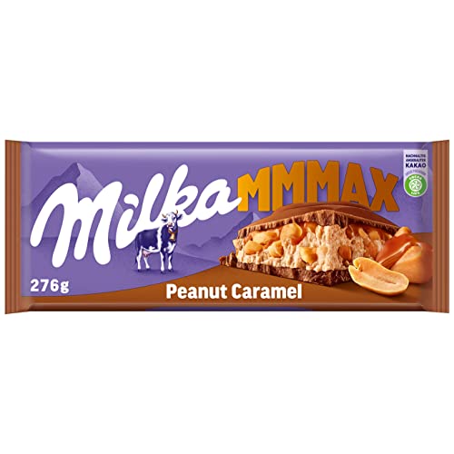 Milka Mmmax Peanut Caramel – Alpenmilch-Schokolade mit Erdnüssen, Karamell, Milchcrème und Knusper-Reis – 276g