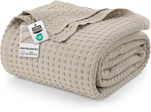 Utopia Bedding 100% Baumwolle Waffeldecke Kuschedecke 300 GSM (Khaki - 228 x 182 cm) weiche leichte, atmungsaktive tagesdecke, Sofa & Couch überwurf für alle Jahreszeiten