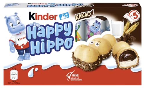kinder Happy Hippo Kakao – Knusprige Waffelspezialität mit Milch- und Kakaocreme – 1 Packung mit je 5 Einzelriegeln à 20,7g