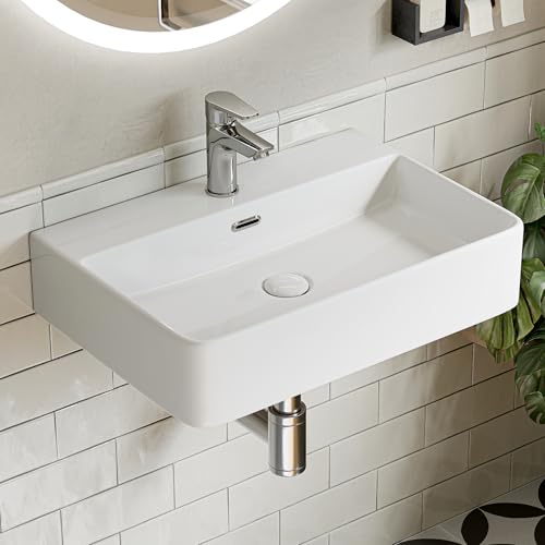 HOROW Waschbecken 60 cm Keramik, Modernes Aufsatzwaschbecken mit Hahnloch & Überlauf, Weiße Hängewaschbecken Waschtisch Bad für Badezimmer, Gäste WC & Garten, leicht zu reinigen