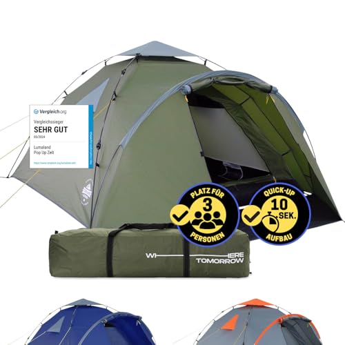 Lumaland Pop Up Zelt | 3-4 Personen Familienzelt | Wurfzelt Innenmaße 210x210x120 cm | Wasserdicht & Windfest | Ideal als Camping, Festival & Reise Zelt | Ultraleicht & Robust [Grün]