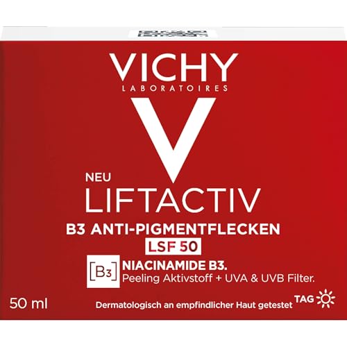 VICHY Anti-Pigmentflecken Tagescreme mit LSF 50, Für empfindliche, reife Haut, Mildert Pigmentflecken, Mit Bio-Peptiden und Niacinamid, Liftactiv B3, 50 ml