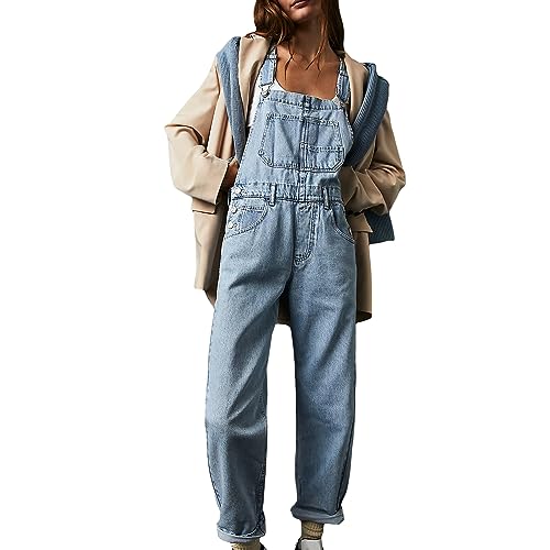 Damen Latzhose Ärmellos Locker Geschnitten Lässig Lange Overalls Baggy Denim Jeans Hosen für Frauen Mädchen Slingbacks (Hellblau, XXL)