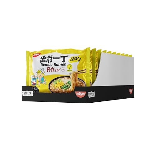 NISSIN Demae Ramen – Miso, 10er Pack, Instant-Nudeln japanischer Art, mit Miso-Geschmack und asiatischen Gewürzen, vegan, schnell und einfach zubereitet, asiatisches Essen (10 x 100 g)