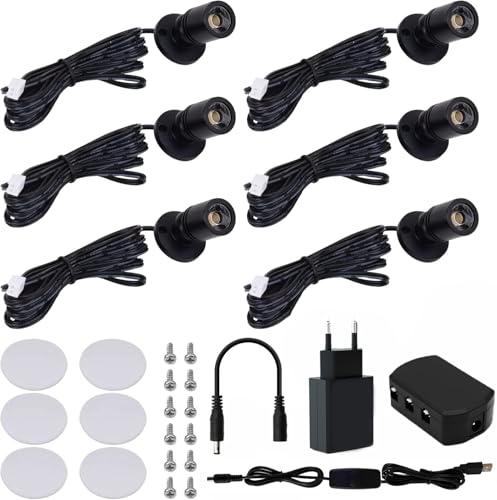 Klein LED Scheinwerfer LED Spotlichter für den Innenbereich Schranklicht Bilderlichter Akzentlichter 360° Schwenkbar Aluminium Mini led spot für Schrank, Flur, Galerien (6 Stück-Warmweiß-Schwarz)