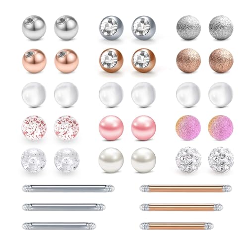 LAURITAMI 14G Zungenpiercing Nippelpiercing Edelstahl & Acryl, Ersatz Piercing Kugeln 5mm Ersatz Barbells 14/14/16mm, Zungenpiercing Brustwarzenpiercing Körperschmuck