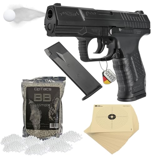 OpTacs Walther P99 Softair Pistole Federdruck 0,5 Joule Set – mit 50 Zielscheiben & 1.000 BB Kugeln 6 mm – präzises Einsteiger Airsoft Komplettset