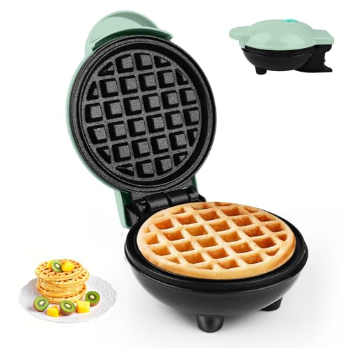 Mini Waffeleisen,Belgische Waffel Maschine ø 10cm,220V|350W,Grün,Doppelseitige Heizung,Waffeleisen Eine Person, Kompakt,Geeignet für Touren,Waffle Maker