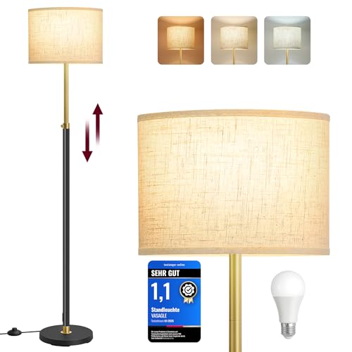 VASAGLE Stehleuchte, Standleuchte, Stehlampe, höhenverstellbare Leselampe, 140-170 cm hoch, modern, mit Fußtaster, Lampenschirm aus Stoff, E27 Fassung, gold-schwarz LFL002B02