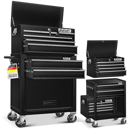 MASKO® Werkstattwagen inkl. Koffer - 9 Fächer Abschließbar | Massives Metall | Mobiler Werkzeug-Wagen ohne Werkzeug | Profi| Rollwagen zur Werkzeugaufbewahrung mit Schloss | Schwarz