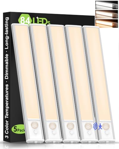 Unterbauleuchte Küche LED mit Bewegungsmelder 25CM, 3 Farben(5 Stück) | 1500mAh Langlebiger Akku Warmes Licht, Magnetische Kabellos Schrankbeleuchtung,Dimmbar USB-aufladbar Unterschrank Beleuchtung