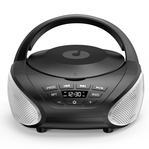 Gueray Tragbarer CD-Player Boombox Kompakt-Radio mit Stereo-Lautsprechern UKW-Radio 3,5-mm-AUX-Eingang, Kopfhöreranschluss und LCD-Display für Innenräume Outdoor Reisen & Hörbücher (Schwarz + Silber)