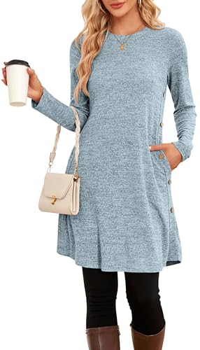 NARRAME Winter-Pullover-Kleider für Damen, Midi-Langarm, kausale Knöpfe, seitliches Tunika-Kleid mit Taschen, Mittelhellblau