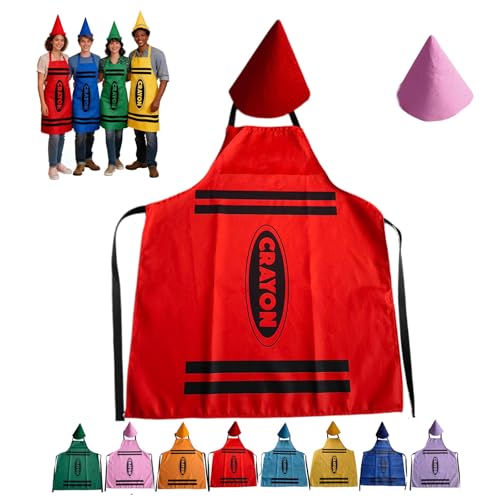 Generisch Buntstift-Schürzen und Zwergkegel-Hüte, Buntstift-Kostüm, Farbstift-Schürze und lustige Zwergenkegel-Hüte, Wachsmalstifte, Anzug-Outfit-Set für Erwachsene, Herren, Gruppe (Rot)