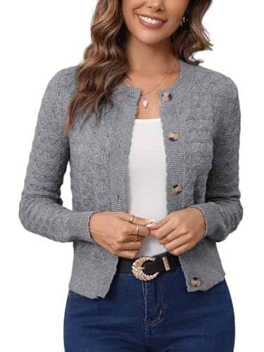 Enjyam Damen Strickjacke Langarm Elegant Kurz Cardigan mit Knöpfe Rundhals Weiche Leichte Jacke zum Top Kleid Grau,M